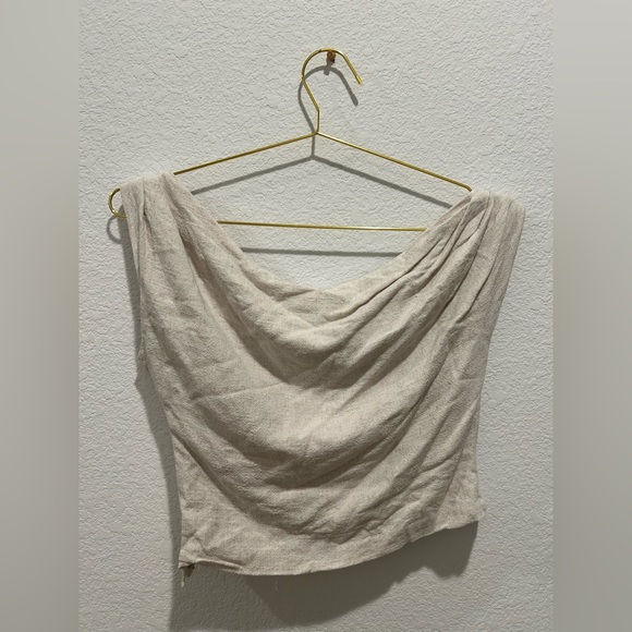 Peppermayo linen oatmeal beige Cream off shoulder Women's Top - Picture 8 of 10